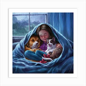 Little Girl With Cat And Dog Art Print
