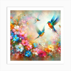 Birds Flying Over Flowers Art Print