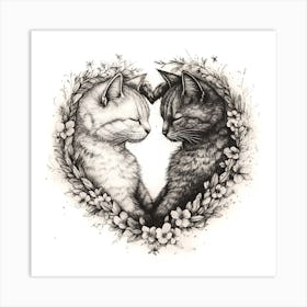 Delicate Ink Drawing of Cats Love Heart 11 Art Print