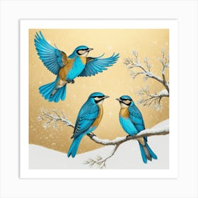 Blue Birds In The Snow Art Print