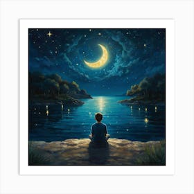 Meditating Man At Night Art Print