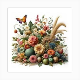 Flowers And Butterflies 1 Art Print