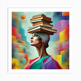 Colorful Wisdom: Surreal Woman and Books Art Print