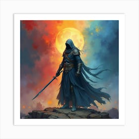 Soul Warrior In A Colorful Watercolor Realm Of Dark Magic 1 Art Print