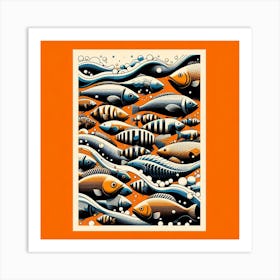 Bunch of fish on orange Art Print