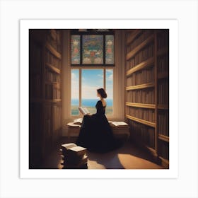 Girl Reading Book In Library Art Print