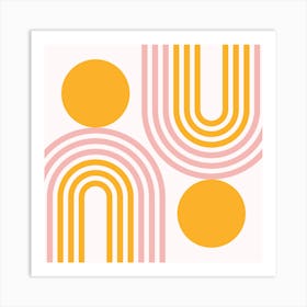 Mid Century Modern Geometric in contemporary mustard yellow gold pale pink (Rainbow and Sun Abstract Design) Art Print