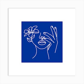 Woman with Flower Blue Line Print Art Print