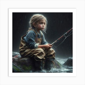 Little Girl Fishing In The Rain 1 Art Print