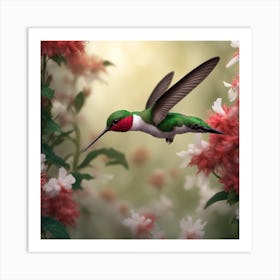 Emphasise On A Ruby Throated Hummingbird Energetic In Nature Feeding On Nectar From Alluring Bloom 13568030 Art Print