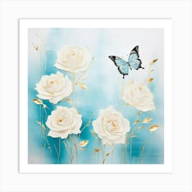 White Roses With Butterfly Art Print