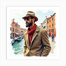 Stylish Italian Man In Watercolor, Attending A Lively Cultural Festival In Venice Art Print