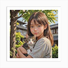 Girl With A Cat Art Print