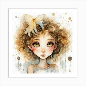 Watercolor Girl With Butterfly Art Print