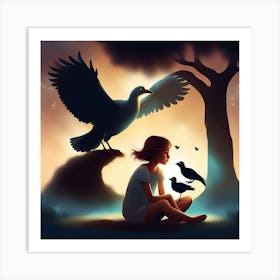 Girl With Birds Art Print