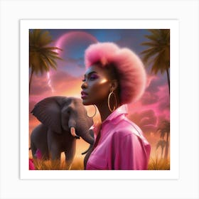 Woman With Pink Hair And Elephants Art Print