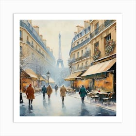 Paris cafes, winter season, Christmas, pale colors, pedestrians in the street, winter clothes, falling snow.12 1 Art Print