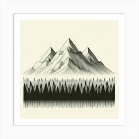 Title: "Monochrome Majesty: Pines and Peaks"  Description: "Monochrome Majesty: Pines and Peaks" is an intricate portrayal of a timeless mountain scene, rendered in stunning monochromatic detail. This piece features a majestic range of stippled mountains, their faceted slopes creating a textured contrast against the uniform pine forest below. The artwork's detailed dot work adds depth and dimension, while the forest's silhouette provides a stark, graphic boundary between the natural and the abstract. Set against a soft cream background, the composition is a testament to the beauty found in the simplicity of shape and the elegance of grayscale, making it a sophisticated choice for those with an appreciation for detail-oriented and minimalist art. Art Print