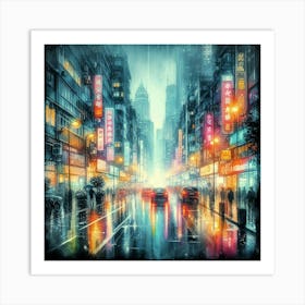 Rain Soaked Cityscape With Neon Lights Reflecting On Wet Pavement (2) Art Print