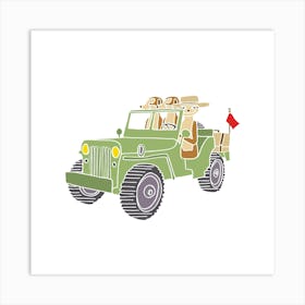 Meerkats In Landrover Defender Jeep, Fun Safari Animal Print, Square Art Print