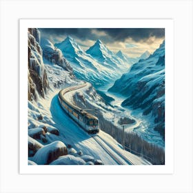 The Glacier Express Train With Snow Mountain And Cliff, Painting Art Art Print