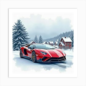 Lamborghini Centenario With A Watercolor Snowy Village Backdrop 1 Art Print