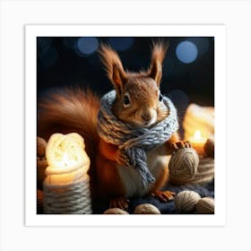 Squirrel Wrapped In A Cabled Knit Scarf With Fringed Ends Nestled In A Knitted Basket Hazelnuts Sca Art Print