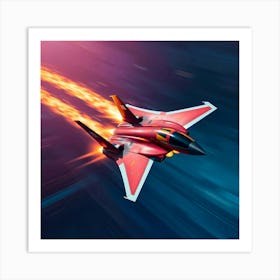 A Dynamic Fighter Jet In Space, Vibrant Complementary Colors, Contrasting Colors, Balanced Tones, Blurred Lines Suggesting Motion, Action Poses Art Print