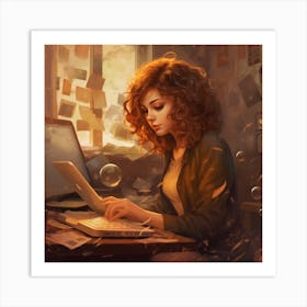 Girl Working On Her Laptop Art Print