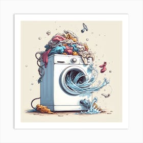 Washing Machine In The Ocean - A pile of laundry on a washing machine, but the clothes are not just floating in mid-air, they are dancing and swirling. The washing machine itself is also spinning upside down, and the water is flowing in all directions. The scene is rendered in a whimsical, cartoonish style. Art Print