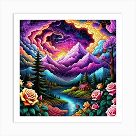 Sunset With Roses Art Print