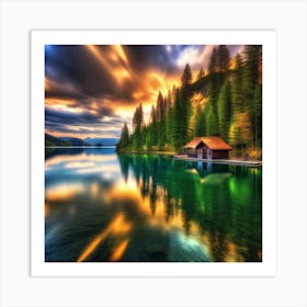 Lake House At Sunset Art Print