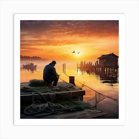 Sea Fisherman Mending Nets On A Rustic Wooden Dock At Dawn Mist Rolling Over Calm Waters Silhouett 537540339 (3) Art Print