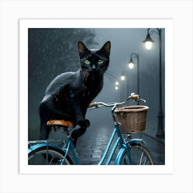 A Cat Riding A Blue Bicycle In The Rain 3 Art Print