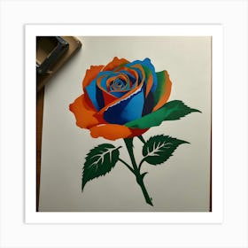 A Stencil Sketch Of A Red Blue Orange And Green Rose 3 Art Print