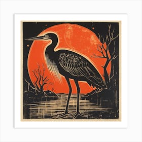 Retro Bird Lithograph Egret 2 Art Print