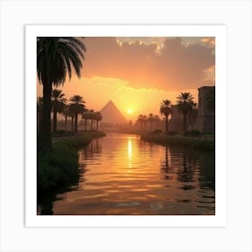 Serene Nile River At Sunset With Ancient Temples And Lush Palm Trees Surrounding Art Print