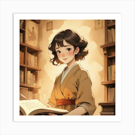 Asian Girl Reading Book Art Print