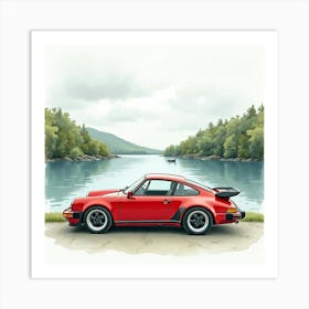 Elegant Sports Car By A Serene Lakeside, Watercolor Painting 1 Art Print