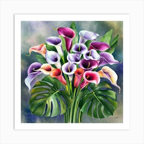 watercolor calla lilies and monstera, painting 3 Art Print