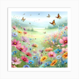 Colorful Flowers And Butterflies Art Print