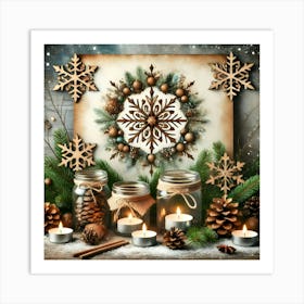 Rustic Christmas Candle Decor with Pine Cones and Snowflakes Art Print