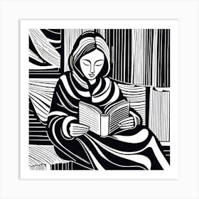 Reading A Book Linocut Black And White Painting, 325 Art Print