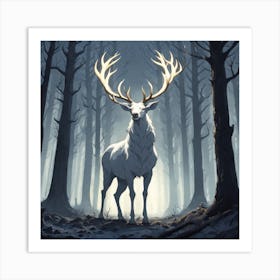 A White Stag In A Fog Forest In Minimalist Style Square Composition 55 Art Print
