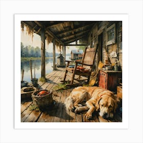 At Home With Friends, An Old Dog Rests On Fish Camp Porch As Sunset Approaches After Spending A Long Day On The Water With His Master Fishing and Crabbing Art Print