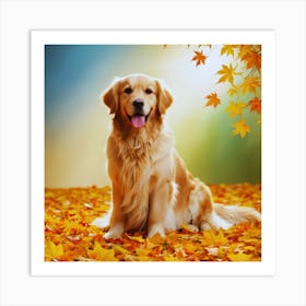 Golden Retriever In Autumn Leaves Art Print