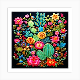 Mexican Flowers,A captivating Mexican embroidery motif showcasing a magnificent cactus in full bloom Art Print