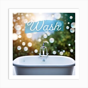 Bathroom sign “wash”, sink and bubbles Art Print