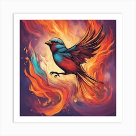 An Artistic Representation Of A Sparrow Rising From The Ashes, Surrounded By Flames And Vibrant Colo Art Print