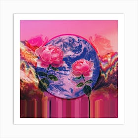 Psychedelic Earth Rose Collage Square Art Print
